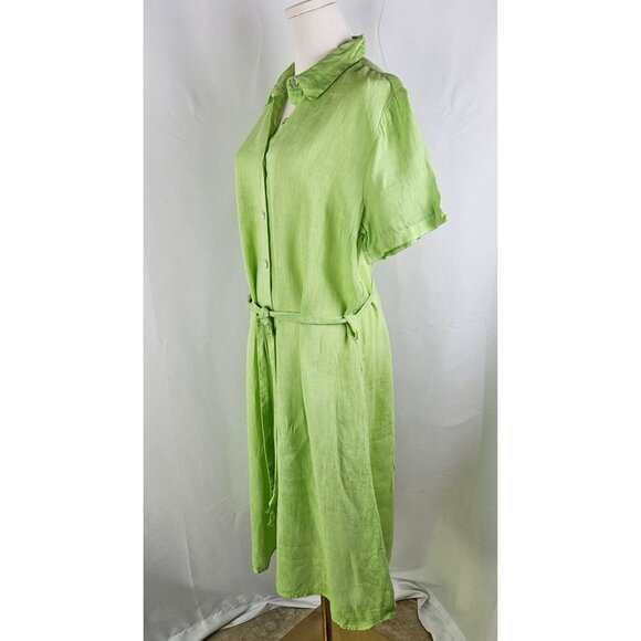 120% Lino Shirt Dress Lime Green Midi Linen Size XL or Italy 48 Belted Boho - Picture 3 of 15